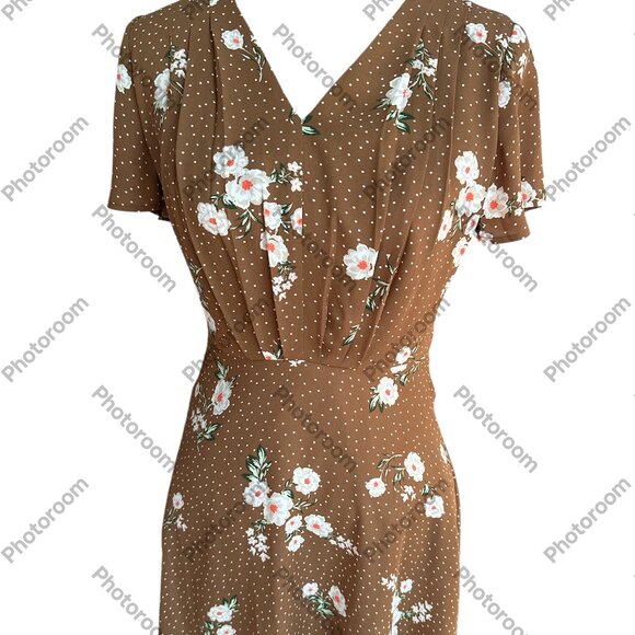 Ann Taylor Brown Floral Short Sleeve Belted Zip Lined Dress Size 0 - Picture 1 of 6